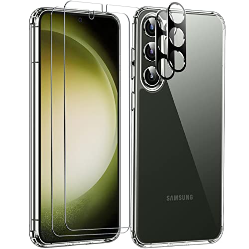 Temdan Entworfen für Samsung Galaxy S23 Hülle klar [vergilbungsfrei] mit 2 Stück gehärtetem Glas [Displayschutzfolie + Kameraobjektivschutz] Schlanke, dünne, stoßfeste Handyhülle 6.1 Zoll,Transparent von Temdan