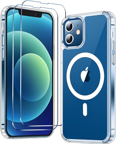 Temdan Magnetische Hülle für iPhone 12 Hülle & iPhone 12 Pro Hülle, transparent, kompatibel mit Magsafe] [2 Stück Glas-Displayschutzfolie] [nicht vergilben] Schlanke, dünne Handyhülle – transparent von Temdan