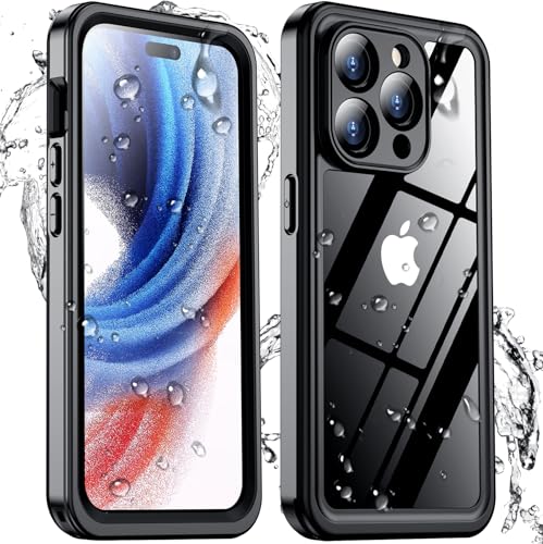 Temdan Schutzhülle für iPhone 15 Pro, wasserdicht, integrierter Bildschirm- und Objektivschutz [IP68 Unterwasser], 4,5 m, militärisch, sturzsicher, staubdicht, 360 Grad, stoßfest, Schwarz von Temdan