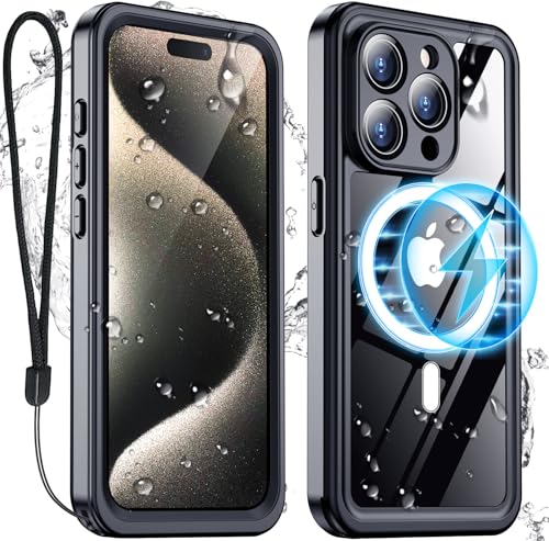 Temdan Schutzhülle für iPhone 15 Pro Max, wasserdicht, integrierter Displayschutz, IP68 unter Wasser, 4,5 m, militärisch sturzsicher, kompatibel mit MagSafe, stoßfest, 17,5 cm (6,7 Zoll), Schwarz von Temdan