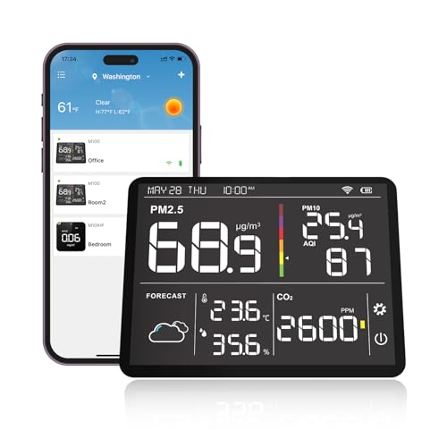 Temtop M100-UP Luftqualitätsmessgerät Wetterstation, 2.4G WLAN Bluetooth Thermometer mit App, 8-in-1 Luftqualitätsmessgerät (PM2.5/CO2/Temperatur/Feuchtigkeit) von Temtop