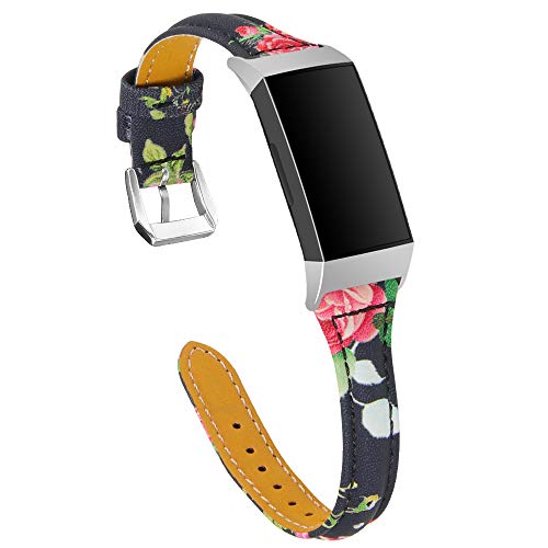 Chofit Ersatzbänder kompatibel mit Fitbit Charge 4/Charge 3 Armband, schlankes Leder, Blumendruck-Armband, verstellbares Band für Charge 4/Charge 3/Charge 3 SE Smartwatch (rosa Blume) von TenCloud