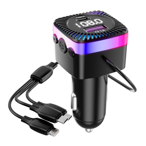 Bluetooth 5.3 FM Transmitter, TenLaitech Bluetooth Adapter Auto Radio mit 1M Kabel USB Autoladegerät, kabelloser Radioempfänger unterstützt Freisprecheinrichtung, Farblichter, LED Display, USB-Disk von TenLaitech