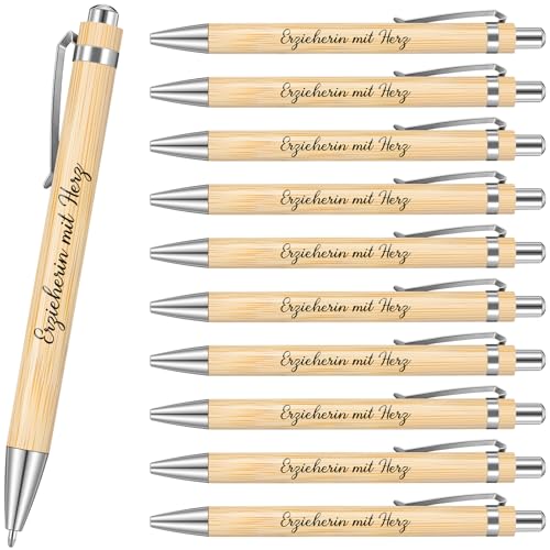 Tenare 10 Stück Dankeschön-Geschenkset für Lehrer Druckkugelschreiber aus Holz mit Spruch Abschiedsgeschenk für Erzieher Lehrertag(Erzieherin mit Herz) von Tenare