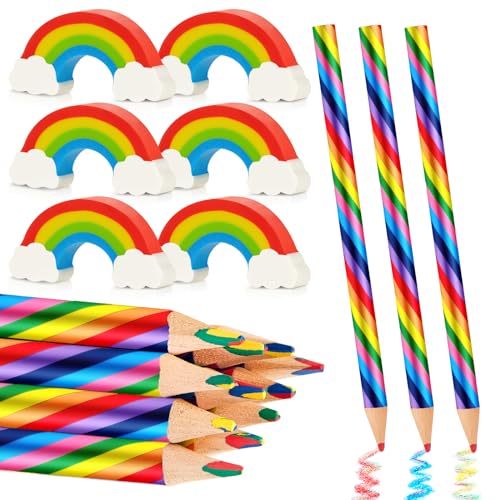 Tenare 24 Stück Regenbogen Buntstifte Set 12 Regenbogenstift mit 12 Regenbogen Radiergummis 4 in 1 Farbstifte Bunte Bleistifte Malen Zeichnen Geburtstag für Kinder Erwachsene Schule Basteln von Tenare