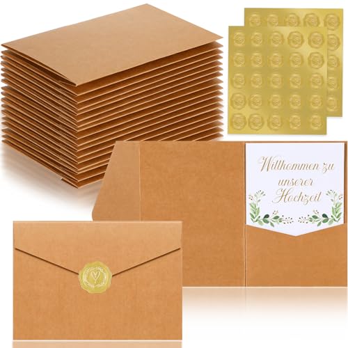 Tenare 30 Pocketfold Umschläge Blanko mit 50 Geprägtem Aufklebern B6 Kraftpapier Umschläge Goldene Herz Sticker Einladungskarten Umschläge für Hochzeit Taufe Weihnachten Briefumschläge für Grußkarte von Tenare