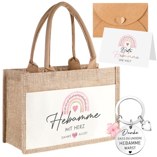 Tenare 4er Set Hebamme mit Herz Geschenk Dankeschön Hebamme Abschiedsgeschenk Jute Handtasche Metall Schlüsselanhänger mit Gravur Regenbögen Dankeskarte Umschlag Abschied Ruhestand Krankenhaus von Tenare