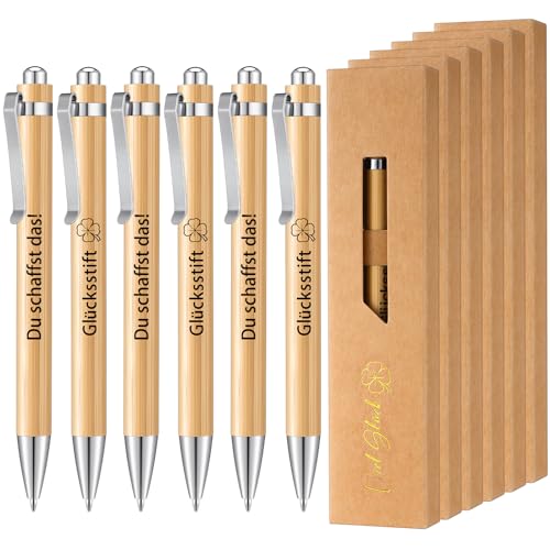 Tenare 6 Stück Motivation Stifte Inspirierende Kugelschreiber mit Viel Glück Geschenkbox Motivierende Druckkugelschreiber Holz Kugelschreiber mit Schwarzer Mine für Männer Frauen Student Mitarbeiter von Tenare