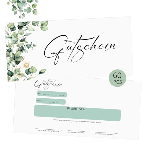 Tenare 60 Stück Blanko Gutscheine zum Selber Ausfüllen Eukalyptus Gutscheinkarten Gutschein Vorlagen Geschenkgutscheine zum Ausfüllen für Nagelstudio Friseur Kosmetik Massage Wellness Fußpflege von Tenare