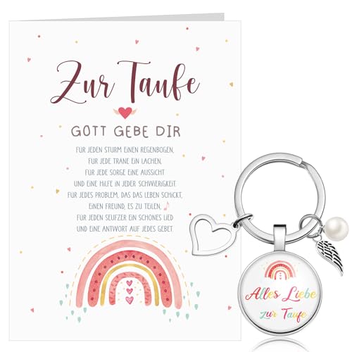 Tenare Karte zur Taufe mit Umschlag und Taufe Schlüsselanhänger Regenbogen Taufgeschenk Set Rosa Taufkarte mit Spruch Grußkarte zur Taufe Geschenk für Taufkind Patenkind Mädchen von Tenare