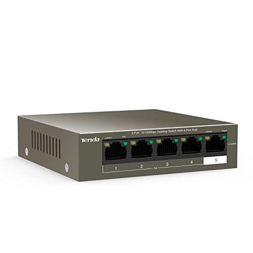 Tenda 5 Port Fast Ethernet PoE Switch mit 4 PoE+ Ports & 1 Uplink-Port (58W, IEEE-802.3af/at, 250 Meter, Plug & Play, Metallgehäuse)(TEF1105P-4-63W) von Tenda