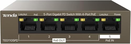 Tenda 5 Port Gigabit PoE Switch ohne Netzteil, PoE Powered Switch (1 PoE In & 4 PoE Out, Plug-and-Play PoE PD Switch, Lüfterlos, Metallgehäuse)(TEG1105PD) von Tenda