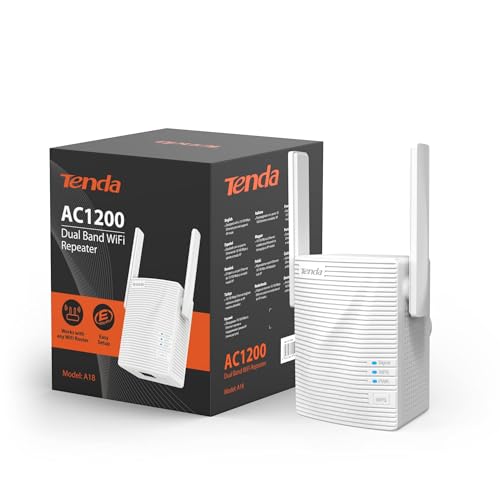 Tenda A18 WLAN Verstärker (AC1200 Dualband 5GHz:867Mbps+2,4GHz:300Mbps), 2x2dBi Antennen Repeater, 1x 100Mbps LAN-Port, WPS, Status LED, Weiß von Tenda