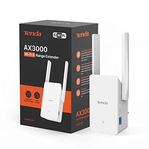 Tenda A33 WiFi 6 Repeater WLAN Verstärker (AX3000 Dualband 5GHz:2402Mbps+2,4GHz:574Mbps), 2 * 5dBi Antennen, Gigabit-Port, AP-Modus, MU-MIMO, WPS, LED Anzeige, kompatibel mit Allen WLAN Routern, Weiß von Tenda