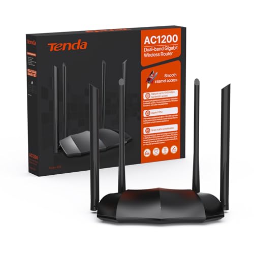 Tenda AC8 Dualband WLAN Router (867Mbit/s 5GHz+300Mbit/s 2,4GHz) 4x6dBi Antennen, 4-Gigabit-LAN/WAN-Port, Repeater&Access Point Modus, MU-MIMO, APP, IPv6, WPS, unterstützt Keine DSL-Funktion, Schwarz von Tenda