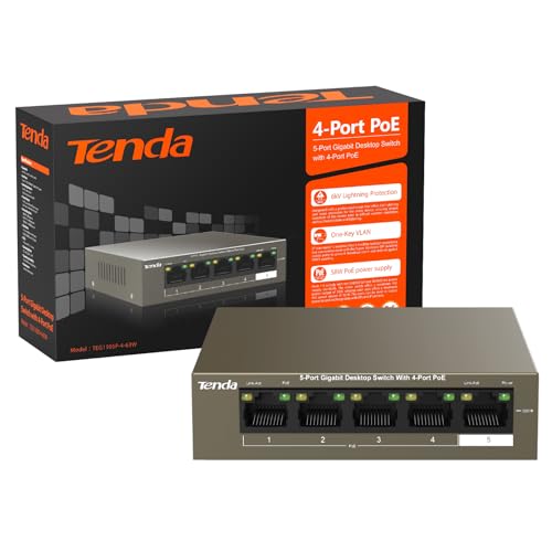 Tenda Gigabit PoE Switch 5 Ports mit 4 PoE+ Ports & 1 Uplink-Port (58W, VLAN, IEEE-802.3af/at PoE, lüfterlos, Plug-and-Play, Metallgehäuse) (TEG1105P-4-63W) von Tenda
