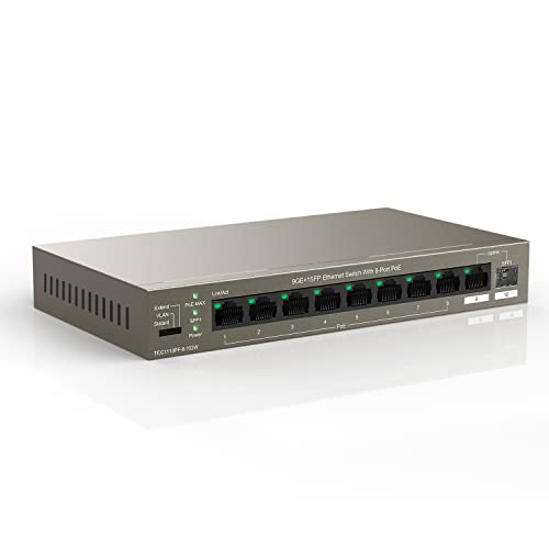 Tenda PoE Switch 10 Port Gigabit Ethernet LAN Switch mit 8X PoE+ Ports, 1x Uplink- & 1x SFP-Port (92W, VLAN, bis zu 250m Reichweite, IEEE-802.3af/at, Plug-and-Play Netzwerk Switch)(TEG1110PF-8-102W) von Tenda