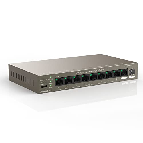 Tenda PoE Router 10 Port Gigabit Ethernet LAN 8X PoE+ Ports, 1x Uplink- & 1x SFP-Port (92W, VLAN, bis zu 250m Reichweite, IEEE-802.3af/at, Plug-and-Play Netzwerk Router)(TEG1110PF-8-102W) von Tenda