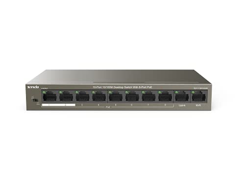 Tenda TEF1110P-8-63W 10-Port 10/100M Fast Desktop Switch mit 8-Port PoE, Netzwerk-Switch arbeitet mit IEEE 802.3af/at, 250M Datenübertragung, 6kV Blitzschutz, Plug and Play, schwarz von Tenda