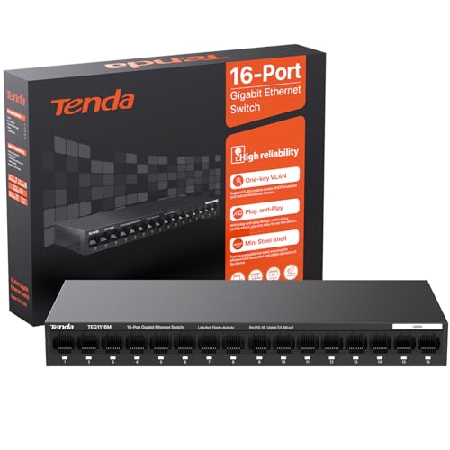 Tenda TEG1116M 16 Ports Gigabit Switch Unmanaged LAN Switch Netzwerk Switch (VLAN, Desktop-/Wandmontage, Lüfterlos, Plug and Play, Metallgehäuse, Schwarz) von Tenda