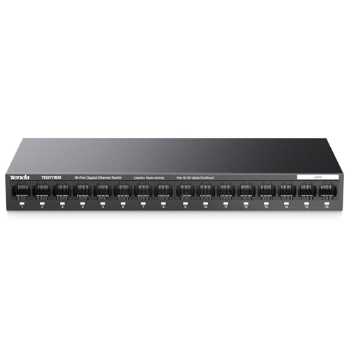 Tenda TEG1116M 16 Ports Gigabit Switch Unmanaged LAN Switch Netzwerk Switch (VLAN, Desktop-/Wandmontage, Lüfterlos, Plug and Play, Metallgehäuse, Schwarz) von Tenda