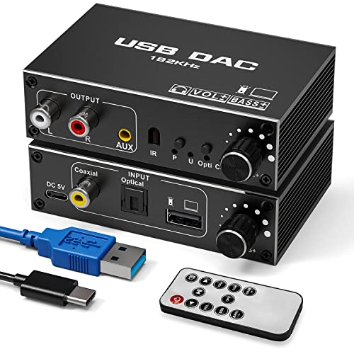 192KHz USB DAC Digital zu Analog Audio Konverter - Tendak USB Optische SPDIF Koaxial zu Analog Stereo Cinch L/R 3,5mm Klinke Audio Adapter Wandler mit Lautstärkeregler, Bass Einstellung, Fernbedienung von Tendak