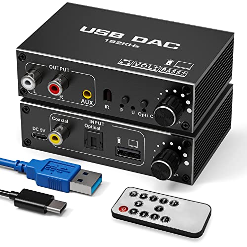 192KHz USB DAC Digital zu Analog Audio Konverter - Tendak USB Optische SPDIF Koaxial zu Analog Stereo RCA L/R 3,5mm Klinke Audio Adapter Wandler mit Lautstärkeregler, Bass Einstellung, Fernbedienung 192KHz USB DAC Digital zu Analog Audio Konverter - Tendak USB Optische SPDIF Koaxial zu Analog Stereo RCA L/R 3,5mm Klinke Audio Adapter Wandler mit Lautstärkeregler, Bass Einstellung, Fernbedienung von Tendak