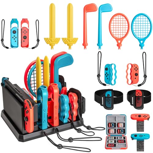 Tendak 16in1 Switch Sport Zubehör Set für Nintendo Switch/Switch OLED, Switch Sport Spielzubehör Kit mit Golfschläger/Badminton-Tennisschläger/Armbändern/Beingurt/Schwert/Boxgriffe/Organizer-Ständer von Tendak