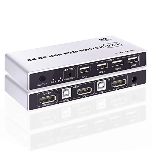 Tendak 2x1 DisplayPort KVM Switch USB 2 Port PC Computer KVM Schalter Tastatur Maus Umschalter Box mit USB 2.0 HUB Unterstützung 8K@60Hz 3D HDCP 2.2 von Tendak