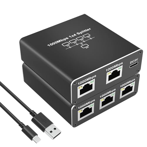 Tendak LAN Splitter 1 auf 4 1000Mbps, 1x4 Gigabit Ethernet Splitter RJ45 LAN Netzwerk Switch 4 Port Mit Typ-C-Netzkabel für Computer, Digital TV, Hub, Router, Set-Top Box, Switch von Tendak