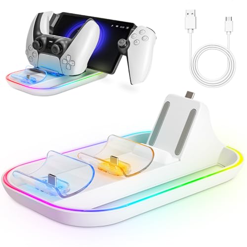 Ladestation für Playstation Portal Remote Player und PS5 Controller, Tendak Ladegerät für PS Portal Remote Player mit 14 RGB Licht und Type-C Kabel, Tragbare Ladestation für PS5 Portal von Tendak
