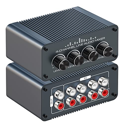 Tendak Mini Passiv Stereo Audio Mixer 4 Kanal Cinch Mini-Stereomischer 4 in 1 out RCA L/R Audiomixer mit Separaten Lautstärkereglern für Mischinstrument, Computer, CD-Player von Tendak