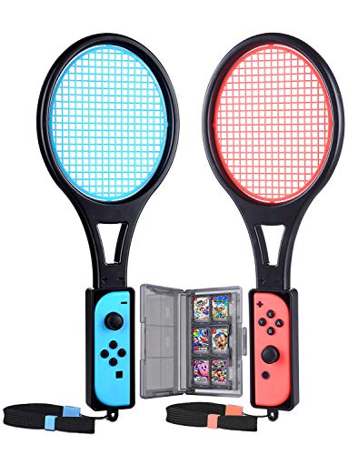 Tendak Tennisschläger für Nintendo Switch Mario Tennis Aces Spiele Tennis Racket für Joy-Con Controllers mit 12 in 1 Spiele Karte Case Tasche (2 Stück, Blau und Rot) von Tendak