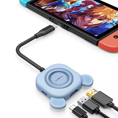Tendak USB C auf HDMI Adapter für Switch Süßer Bär 3 in 1 USB-C Hub mit USB 3.0 PD Aufladung 4K HDMI Konverter für Nintendo Switch/Switch OLED, MacBook Pro, Samsung S22 Huawei Mate 30 (Blau) von Tendak
