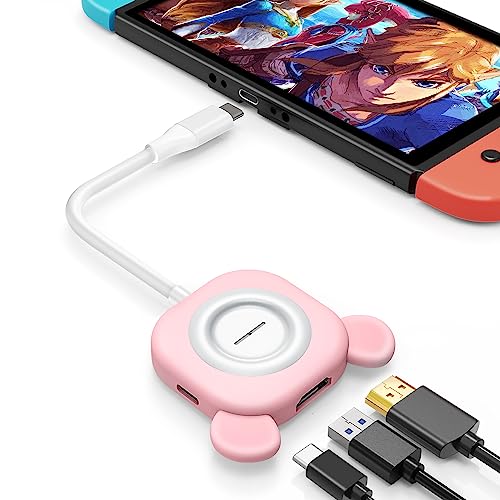 Tendak USB C auf HDMI Adapter für Switch Süßer Bär 3 in 1 USB-C Hub mit USB 3.0 PD Aufladung 4K HDMI Konverter für Nintendo Switch/Switch OLED, MacBook Pro, Samsung S22 Huawei Mate 30 (Rosa) von Tendak