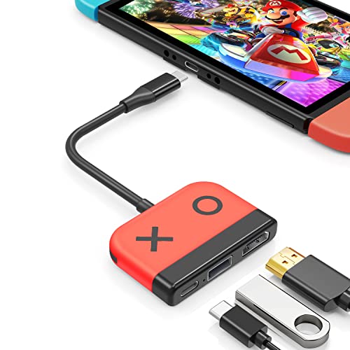 Tendak USB Typ C auf HDMI Adapter für Switch 3 in 1 USB-C Hub mit USB 3.0 PD Aufladung 4K HDMI Konverter für Nintendo Switch/Switch OLED, MacBook Pro, Samsung S22 Huawei Mate 30 (Rot) von Tendak