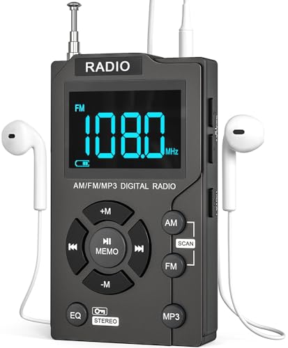 Tragbares Mini Radio FM/AM/MP3, Kleines Radio mit Kopfhörer 1000mAh Wiederaufladbarem Akku, Digitale Taschenradio mit Ultrahochauflösung LCD Display,TF-Kartenbuchse,Radiofunktion Speichern - Schwarz von Tendak