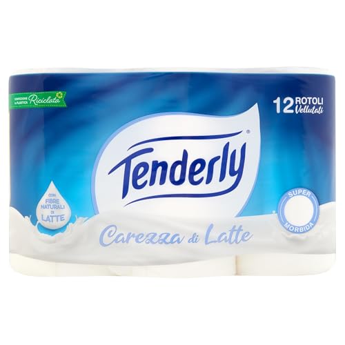 Tenderly Carezza di Latte, 12 Rollen Toilettenpapier, sehr weich, 2-lagig, 250 Abrisse pro Rolle, hergestellt aus 100% natürlichen Milchfasern, hergestellt in Italien, dermatologisch getestet von Tenderly