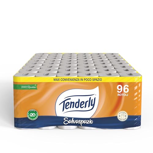 Tenderly Platzsparend, 90 Rollen Toilettenpapier, 2-lagig, 220 Abrisse pro Rolle, mit natürlichen Malven- und Ringelblumenextrakten, hergestellt in Italien, dermatologisch getestet von Tenderly