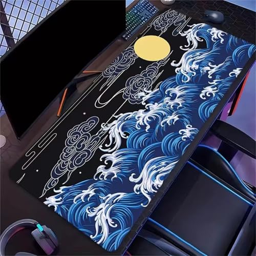Gaming Mauspad Blaue Wellen Mond, Mauspads XXL 1000x500x2 mm, Tischunterlage Large Size mit rutschfeste Gummibasis Mousepad Groß für PC, Office, Laptop von TengYuer