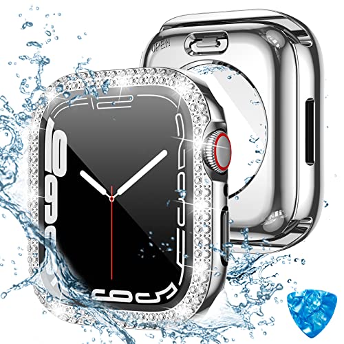 [2 in 1] Tensea für wasserdichte Apple Watch Displayschutzfolie Hülle Series 9 8 7 45 mm Zubehör, Bling iWatch Gesichtsabdeckung mit Panzerglasfolie, Frauen Diamant Kristall vorne & hinten Stoßstange, von Tensea