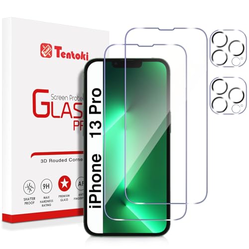 Tentoki 2 + 2 Stück Hartglas für iPhone 13 Pro, Schutzglas für Bildschirm und Rückkamera, 2,5D, ohne Luftblasen – [kratzfest, Härtegrad 9H] Ultra transparent von Tentoki