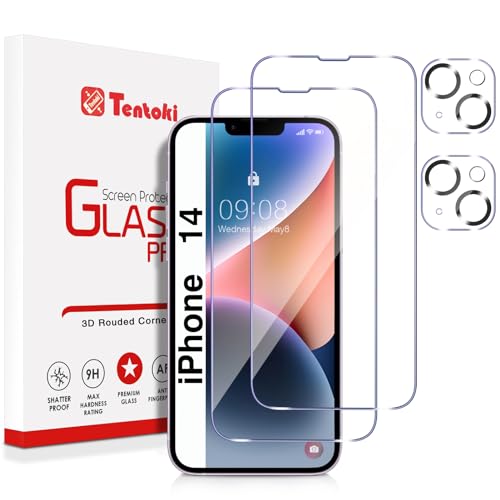 Tentoki 2 + 2 Stück Panzerglas Schutzfolie für iPhone 14, Displayschutz und Rückseitenkamera, 2,5D, ohne Luftblasen – [kratzfest, Härtegrad 9H] Ultra transparent von Tentoki