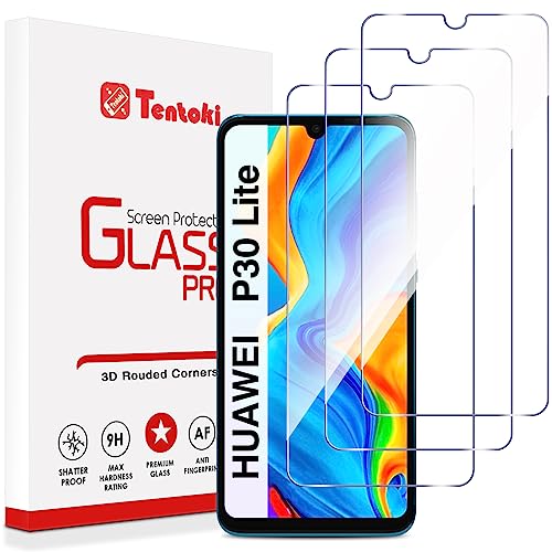 Tentoki 3 Stück, Panzer Schutz Glas für HUAWEI P30 Lite Schutzfolie,[kratzfest, 9H Härte] Ultra Transparent Displayschutz von Tentoki