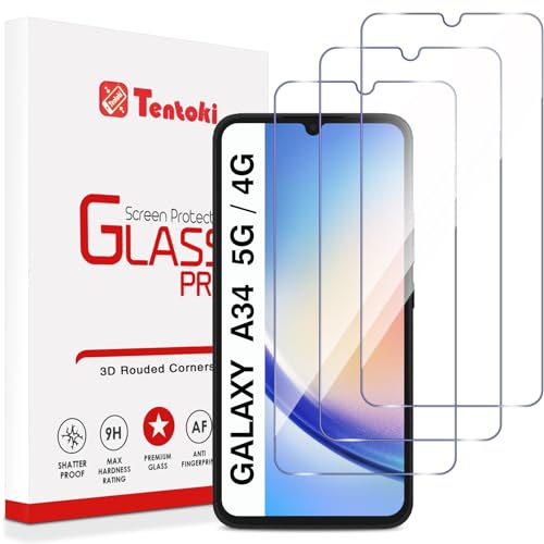 Tentoki 3 Stück, für Panzerglas Samsung Galaxy A34 5G/4G 6,6 Zoll Schutzfolie,[kratzfest, 9H Härte] Ultra Transparent Displayschutz von Tentoki