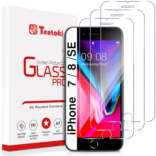 Tentoki 3 Stück, für Panzerglas iPhone SE 2022 /SE 2020 / iPhone 8 / iPhone 7 Schutzfolie,[kratzfest, 9H Härte] Ultra Transparent Displayschutz von Tentoki