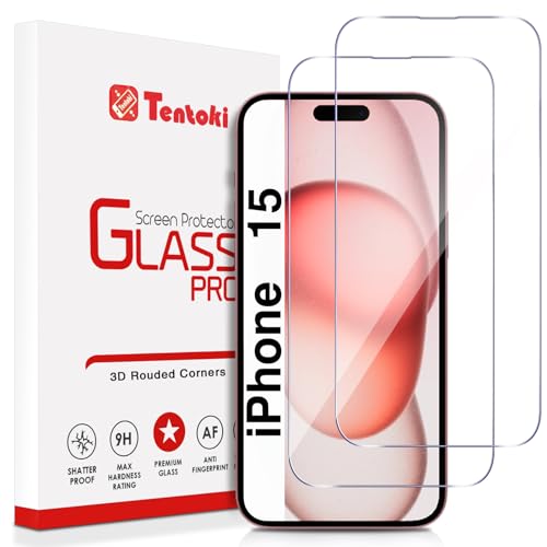 Tentoki Panzer Schutz Glas für iPhone 15 (6,1 Zoll), Schutzfolie folie 2,5D-Bogendesign [2 Stück] Ultra HD, 9H Härte, kratzfest, hüllenfreundlich von Tentoki