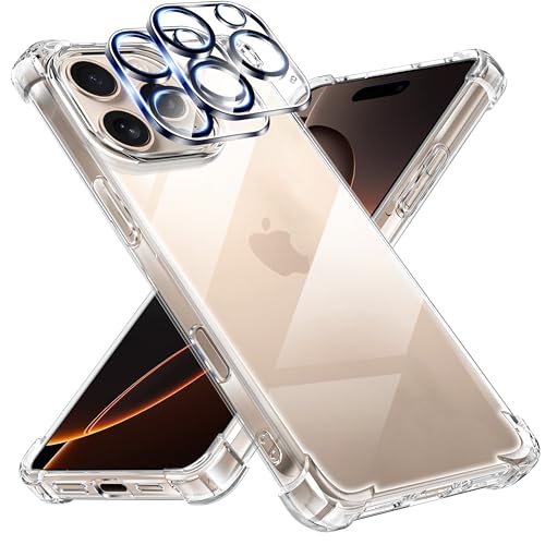 Tentoki Schutzhülle für iPhone 16 Pro mit 2 Kamera-Schutz, [integriertes Luftkissen] Anti-Vergilbung, weich, TPU, Bumper Schutzhülle für iPhone 16 Pro, transparent von Tentoki