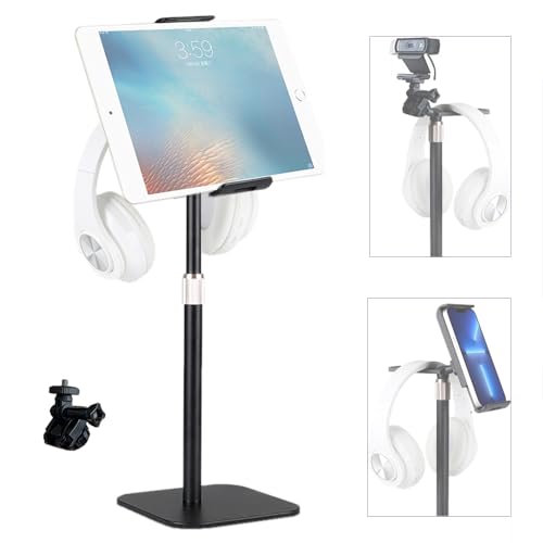 Tentucro Tablet Ständer Webcam Ständer mit Kopfhörerhalter, Schreibtisch Höhenwinkel Einstellbare Wiege Halterung für iPad, iPhone, Switch, Tab (4-12,9"), Logitech Webcam C930 C920 (1/4“), usw. von Tentucro