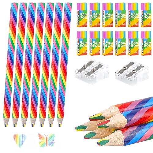 12 Stück 4 in 1 Farben Regenbogen Bleistifte mit 12 Stück Regenbogen Radiergummis und 2 Transparente Spitzer für Kleine Geschenke von Teokantz